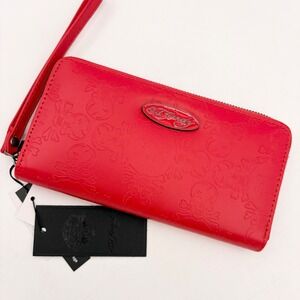Ed Hardy Red Embossed Skull Zip Around Wristlet Wallet New with Tags